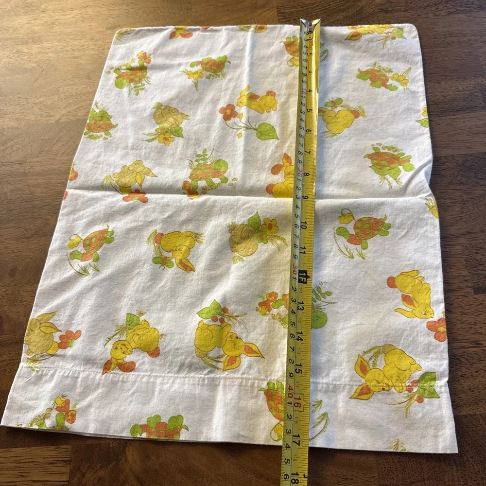 Vintage 1970s Babycare Crib Pillowcase Yellow Bunny Green Turtle Nursery